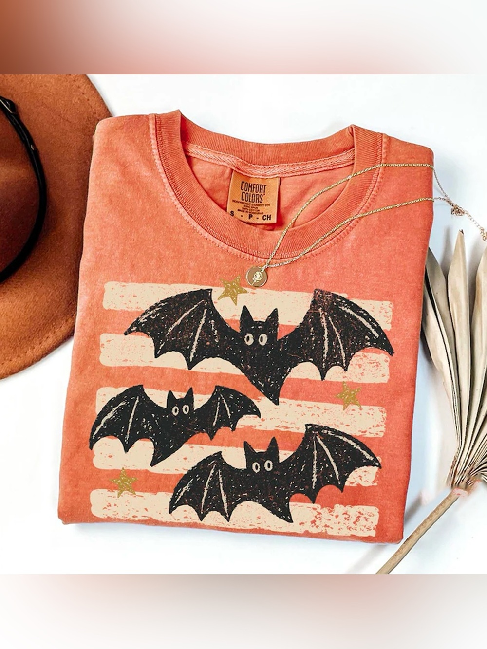 Cute Halloween Bats Stars Striped Comfort Colors Orange T-Shirt
